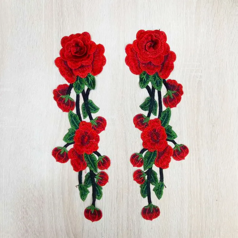 1 пара Красивая Красная роза цветок цветочный воротник платье ручной работы ремесло ткань с орнаментом пришить нашивка аппликация значок вышивка NL012
