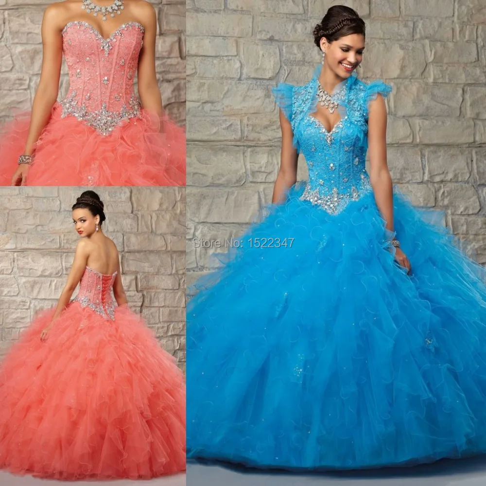 2015 Crystal Water Melon Blue Ball Gown Quinceanera Dress with Jacket