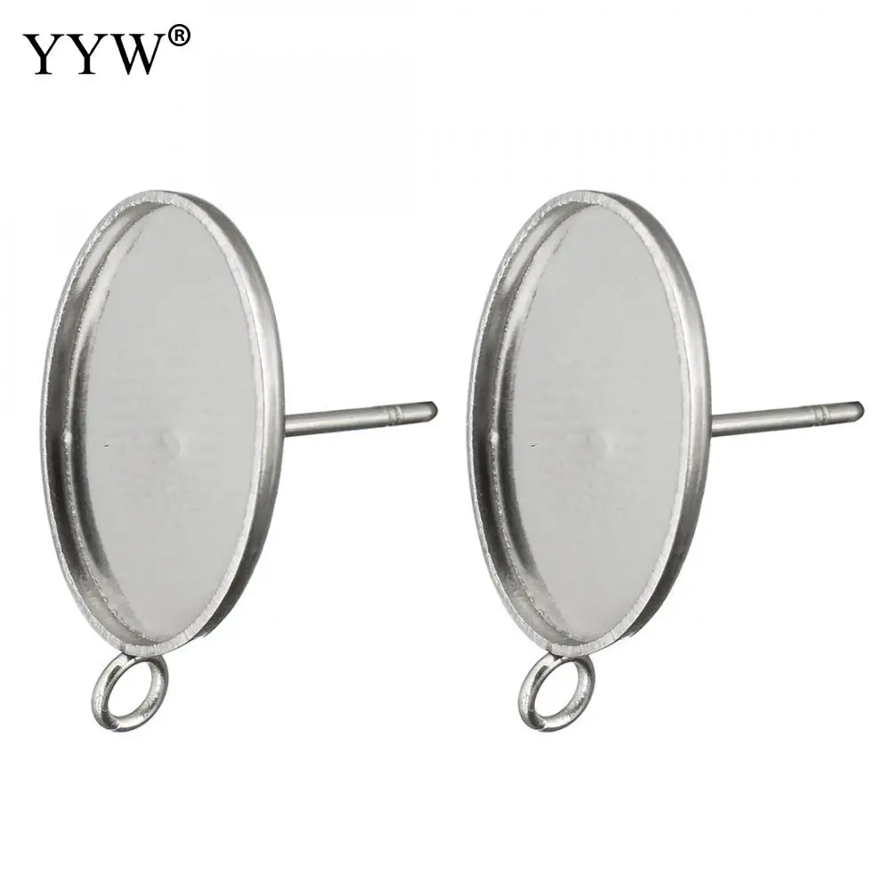 

200pcs Inner 10x14mm Stainless Steel Earrings Stud Cabochon Flat Oval Bezel Setting With Side Loop Hole 2mm And Post 0.8mm