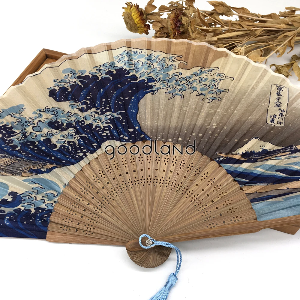 1 шт. Японский Натуральный шелк вентилятор крепление Fuji Kanagawa волны бамбук Элегантный карманный складной веер портативный для женщин веер