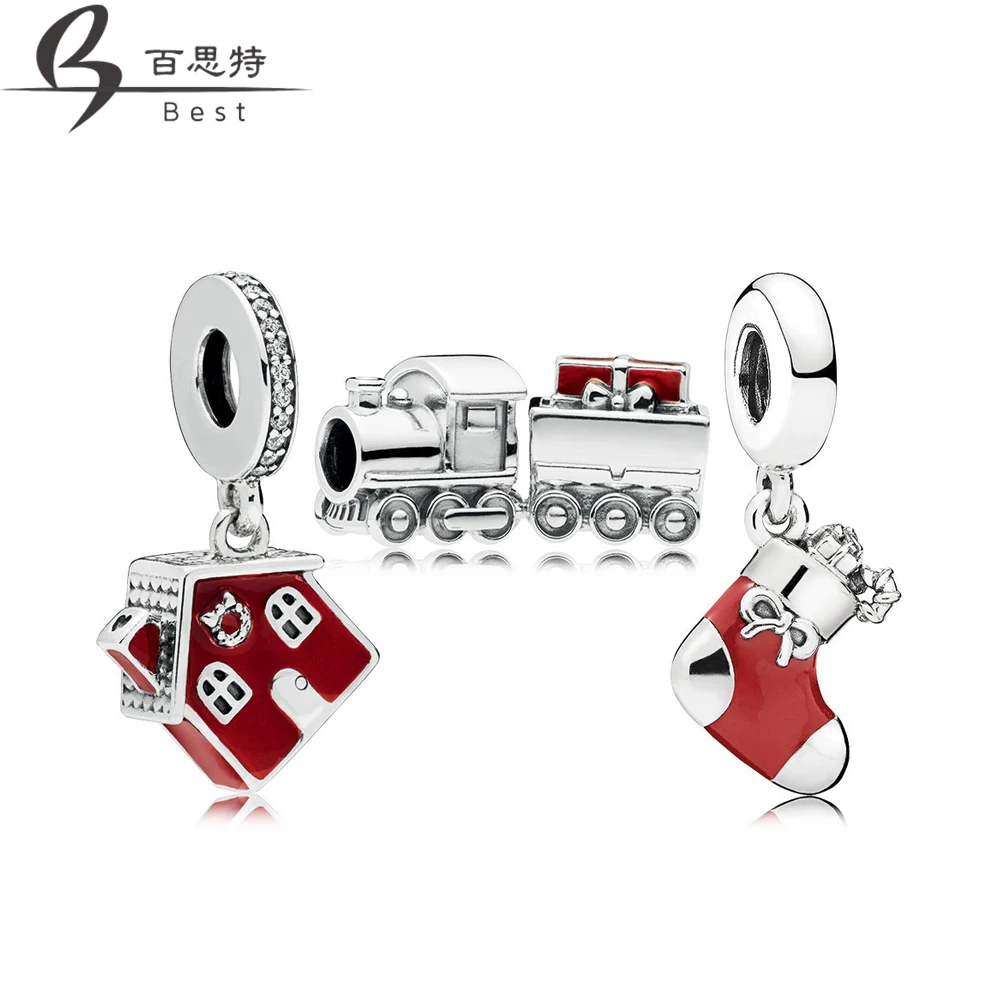 

BEST 100% 925 Sterling Silver New 1:1 RAU0553 Festive Christmas Train House Charm Pack set Original Jewelry Free Shipping