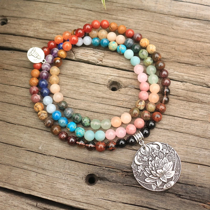 Billig 8mm Naturstein Perlen, 28 Bunte Steine, Buddha, Lotus, JapaMala Sets, Spirituellen Schmuck, meditation, Inspirational, 108 Mala Perlen