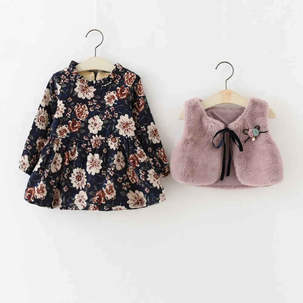 

Newborn Infant Baby Girl Floral Faux Fur Vest Princess Dress Set Warm Outftis L315