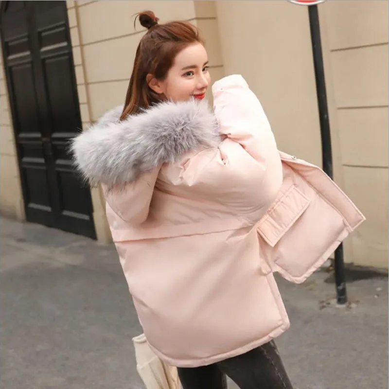 

2019winter jacket women thick cotton coat large fur collar hooded parka winter warm cold bread service short paragraph