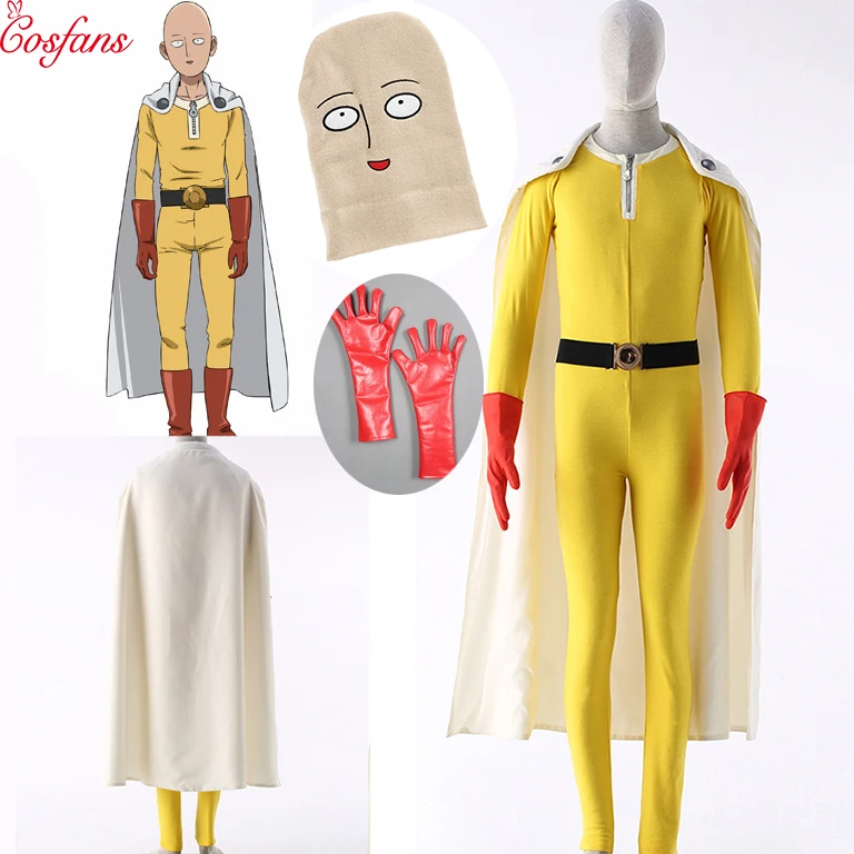 

One Punch Man Cosplay Costumes Saitama Cosplay Jumosuits+Cloak+Belt+Hat+Gloves Full Set for Halloween Party and hat women men