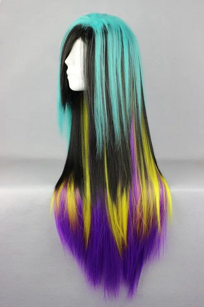 FREE SHIP&gt&gt&gt&gt&gt&gtNew Long Charm Lolita BLUE Black AND YELLOW PUR Mixed Straight Anime Cosplay wig |