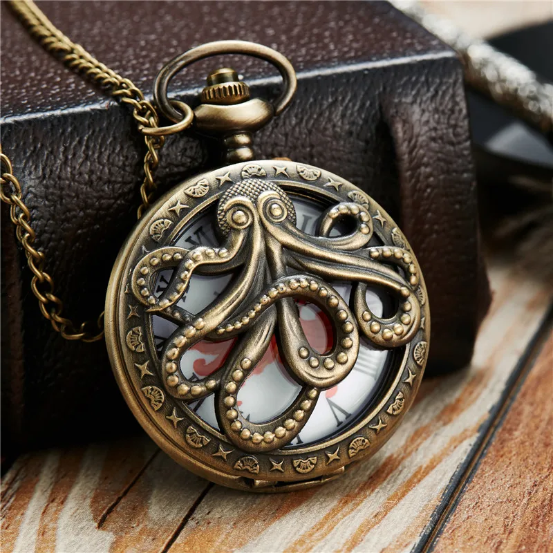 

Carving Octopus Quartz Pocket Watch Chains Pendant Hollow Skeleton Fob Watches Steampunk for Mens Women Gifts Reloj