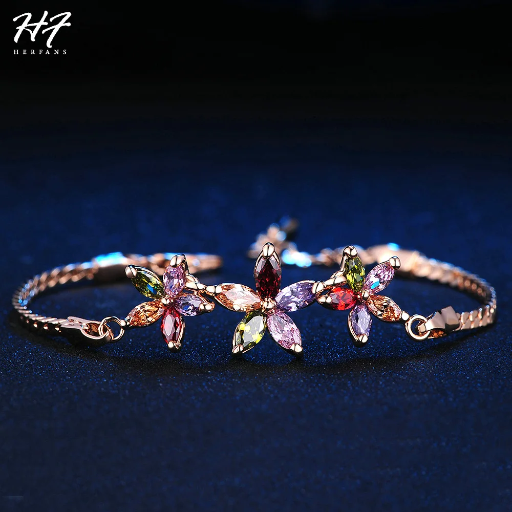 Классический браслет из розового золота с разноцветными подсолнухами, AAA кубический цирконий, модные ювелирные изделия для женщин, горячая распродажа, H021