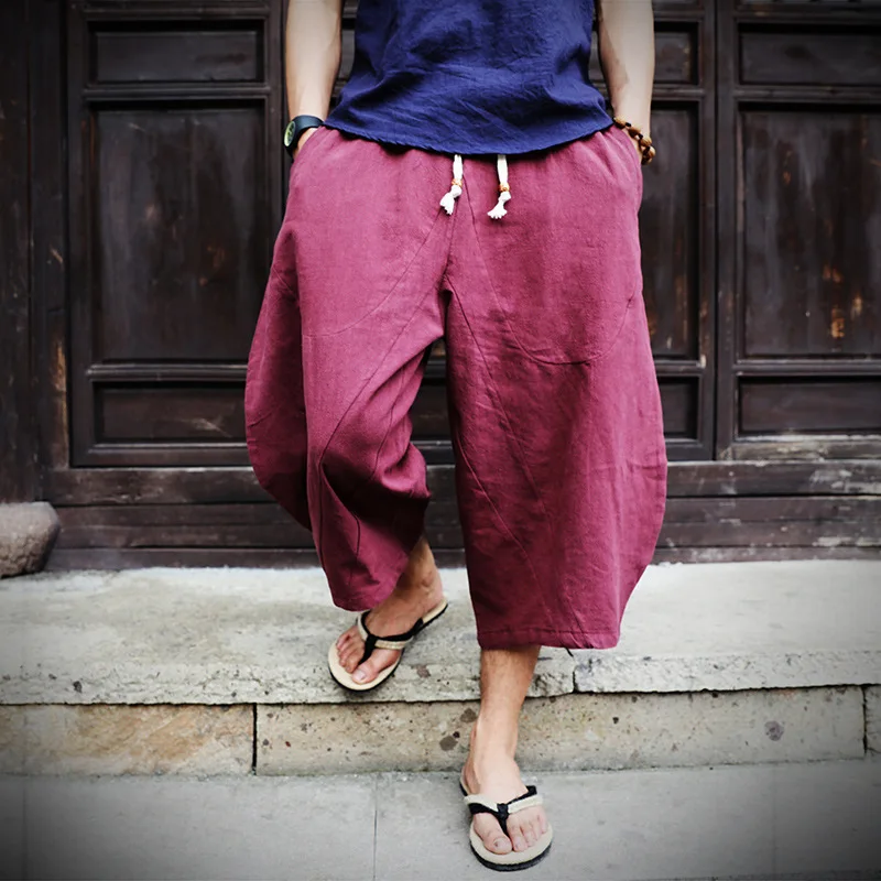 

Helisopus Boho Style Loose drawstring men's Calf-Length Harem Pants Linen Comfortable wide leg pants Hiphop streetwear men pants