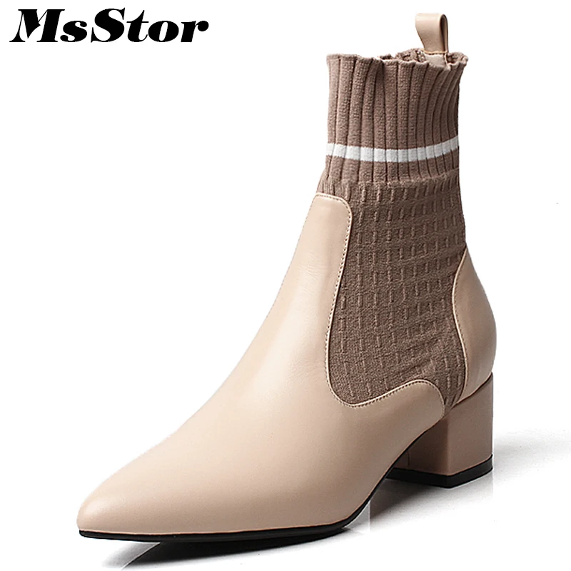 

Msstor Women Boots Fashion Mixed Colors Ankle Boots Women Shoes Pointed Toe Square heel Boot For Girl Med Heel Boot Shoes Woman