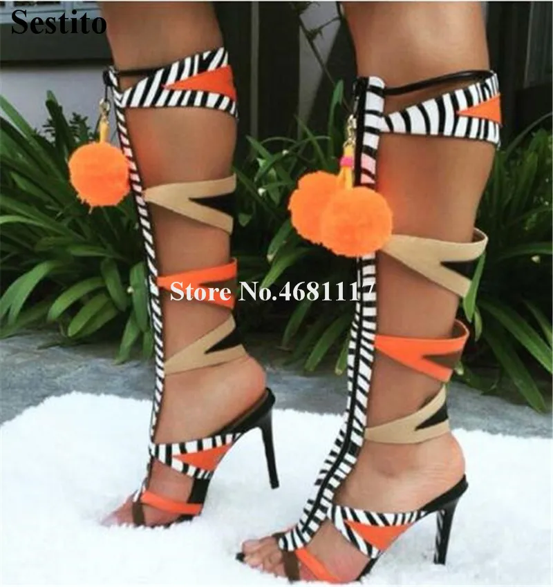 

Fashion Women Open Toe Suede Leather Printed Stiletto Heel Gladiator Boots Zipper-up Patchwork Knee Long High Heel Sandal Boots