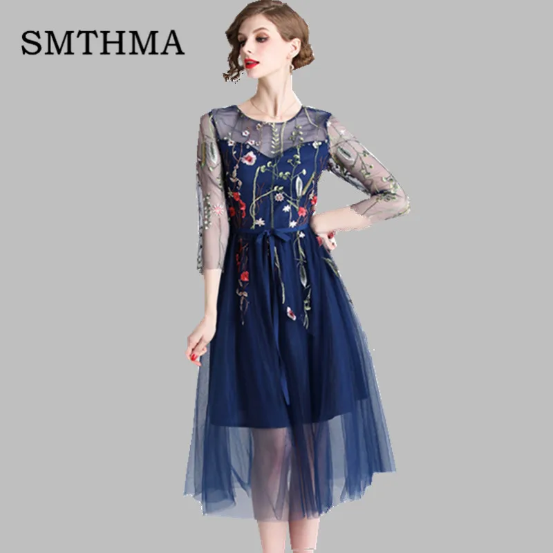 Smthma вышитые вечерние платья для подиума Цветочные богемные цветочные Вышитые винтажные Boho сетчатые платья для женщин Vestidos