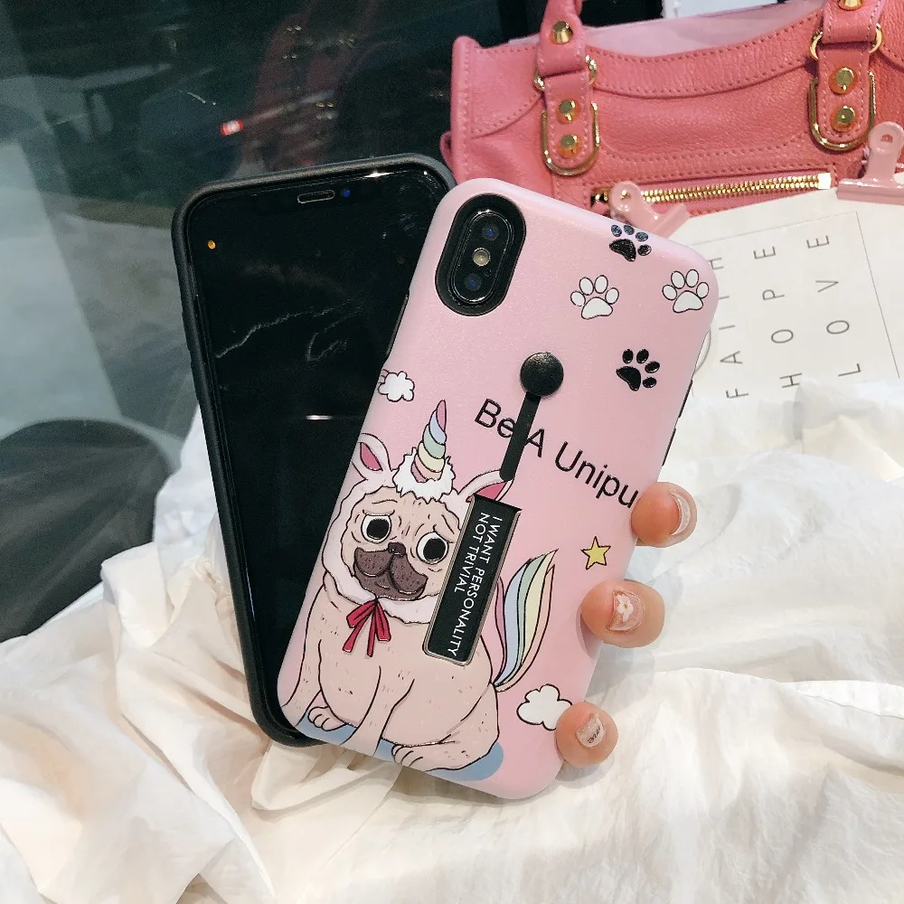 Rainbow Puppy Dog Relief Hide Stand Holder Case for Apple iPhone X XR Finger Ring TPU Back Cover 6S 7 8 Plus XS Max |