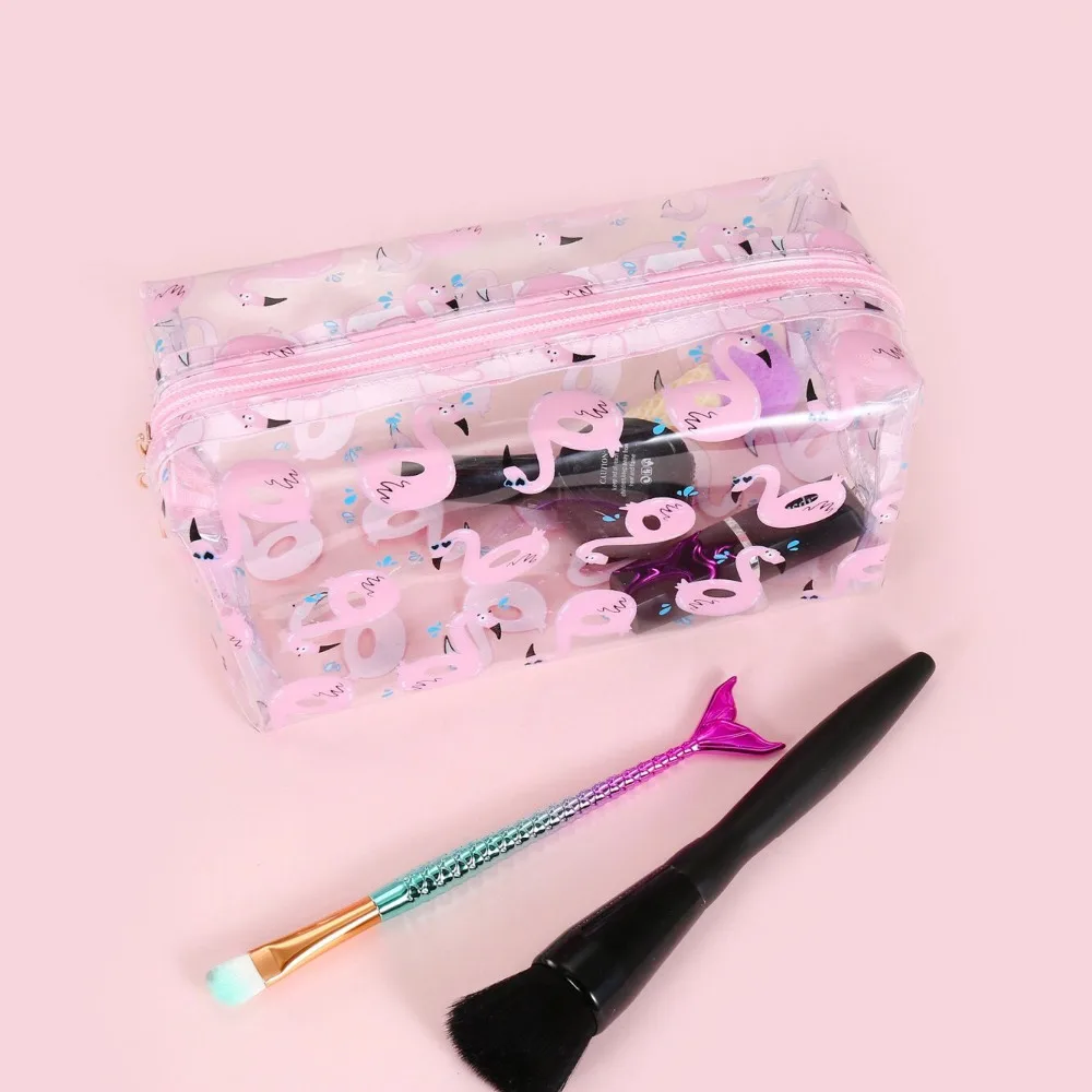 

Flamingo Pink PVC Travel Cosmetic Cases Women Make Up Waterproof Brush Case Organizer Toiletry Bag Transparent Wash Bags Pouch