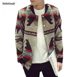 2018 г. Новые Зимние Модные Винтажные печатных утепленная куртка мужчин slim fit однобортный Мужские Куртки chaqueta hombre JK38