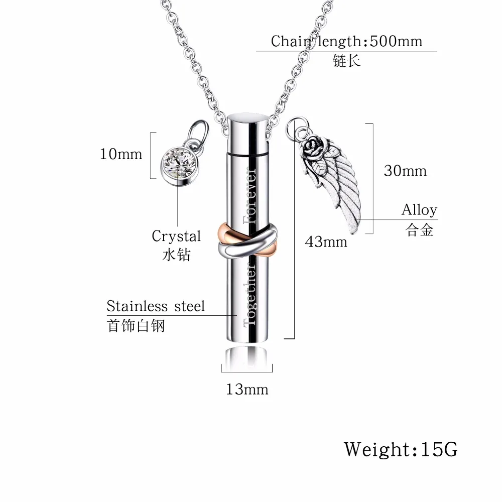 Вместе навсегда цилиндр флакон кулон кремационной урны ожерелье из нержавеющей стали на память о похоронах ожерелье с крылом, кристалл