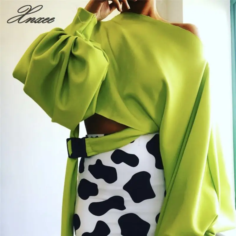 

201 women's solid color word shoulder umbilical belt lanterns sleeves casual women
