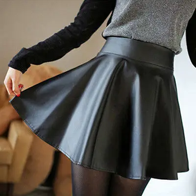 

Sexy Women Fashion Fall Winter Skirts Faux Leather High Waist Pleated Skirt Black Red Skirt