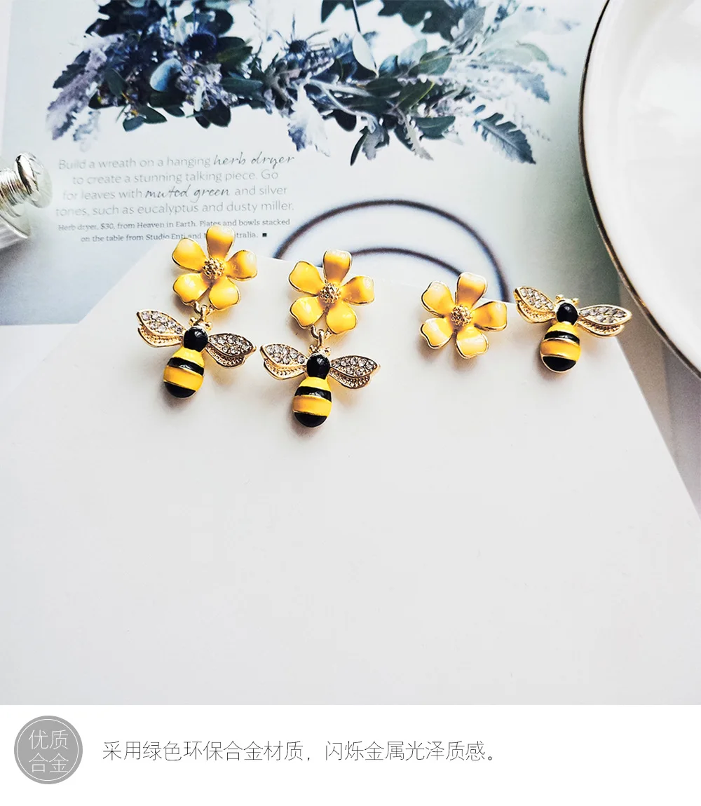 AOMU, новинка, Корея, желтый цветок с крыльями пчелы, ассиметричные кристаллы, штифт с насекомым, серьги для женщин, подарок для девушек