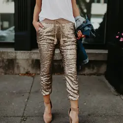 Уличная расшитая блестками Длина до щиколотки брюки Feminina панк розовое золото брюки шнурок эластичный пояс блестящие женские брюки