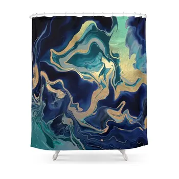 

GOLD INDIGO MARBLE Shower Curtain Fabric Liner with 12 Hooks 72Wx80H inch Waterproof and Mildewproof
