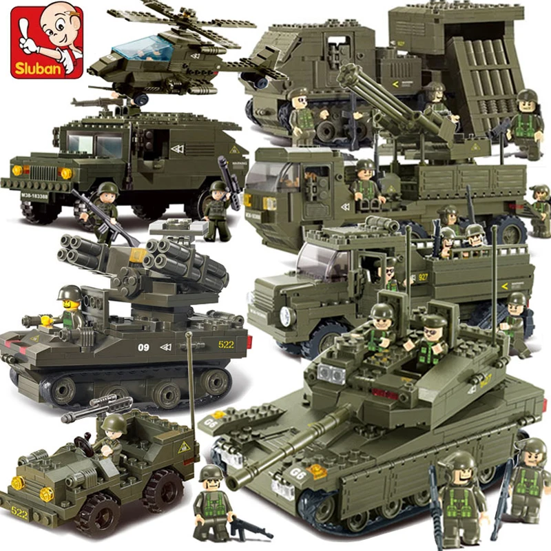 

Sluban Army Military Navy Helicopter Plane Fighter Jeep Vehicle Tank Warship Ship DIY Building Blocks Toy fit Legoings no Box