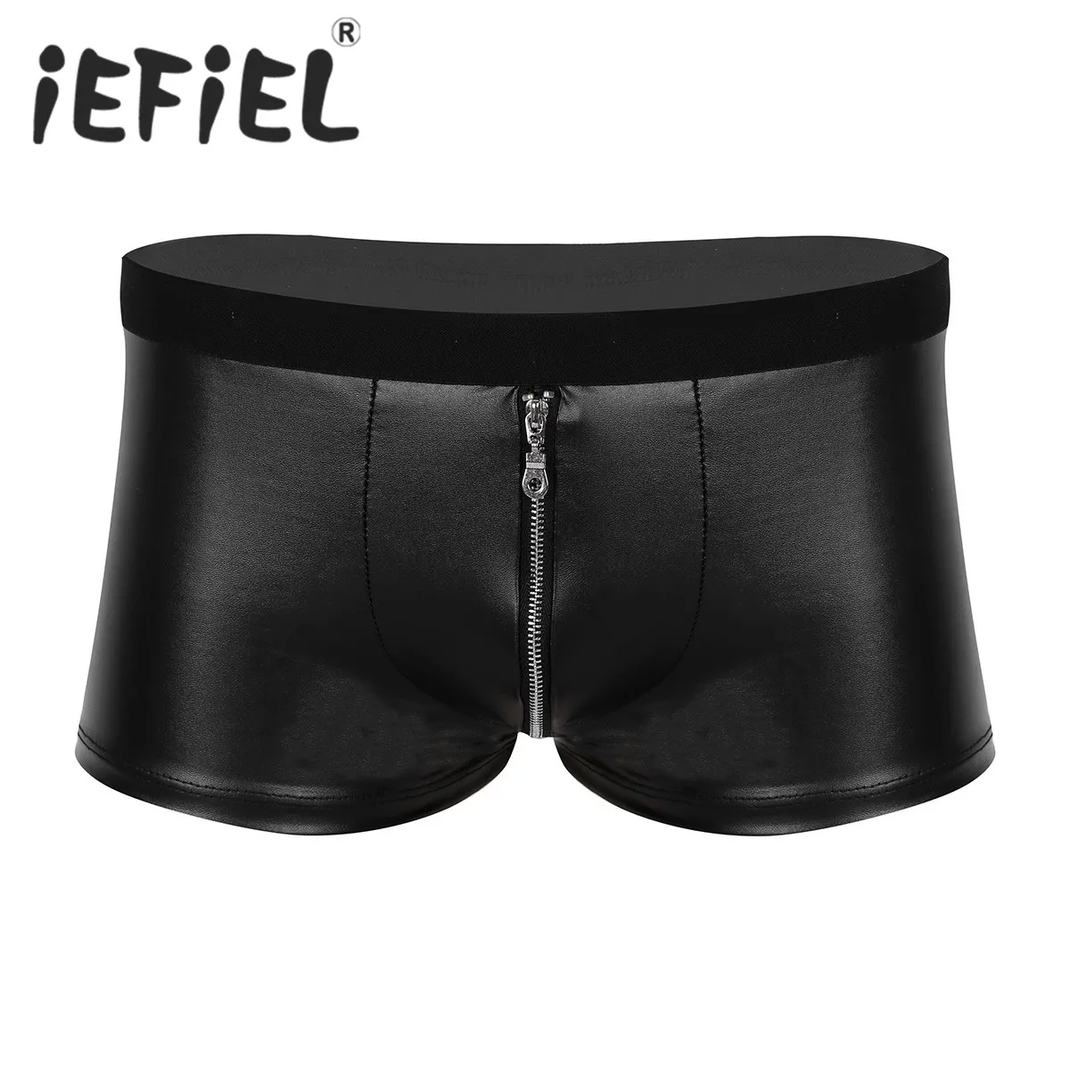 

Fashion Male Mens Lingerie Shorts Wet Look Faux Leather Zipper Bulge Pouch Low Rise Boxer Shorts Underwear Underpants Panties