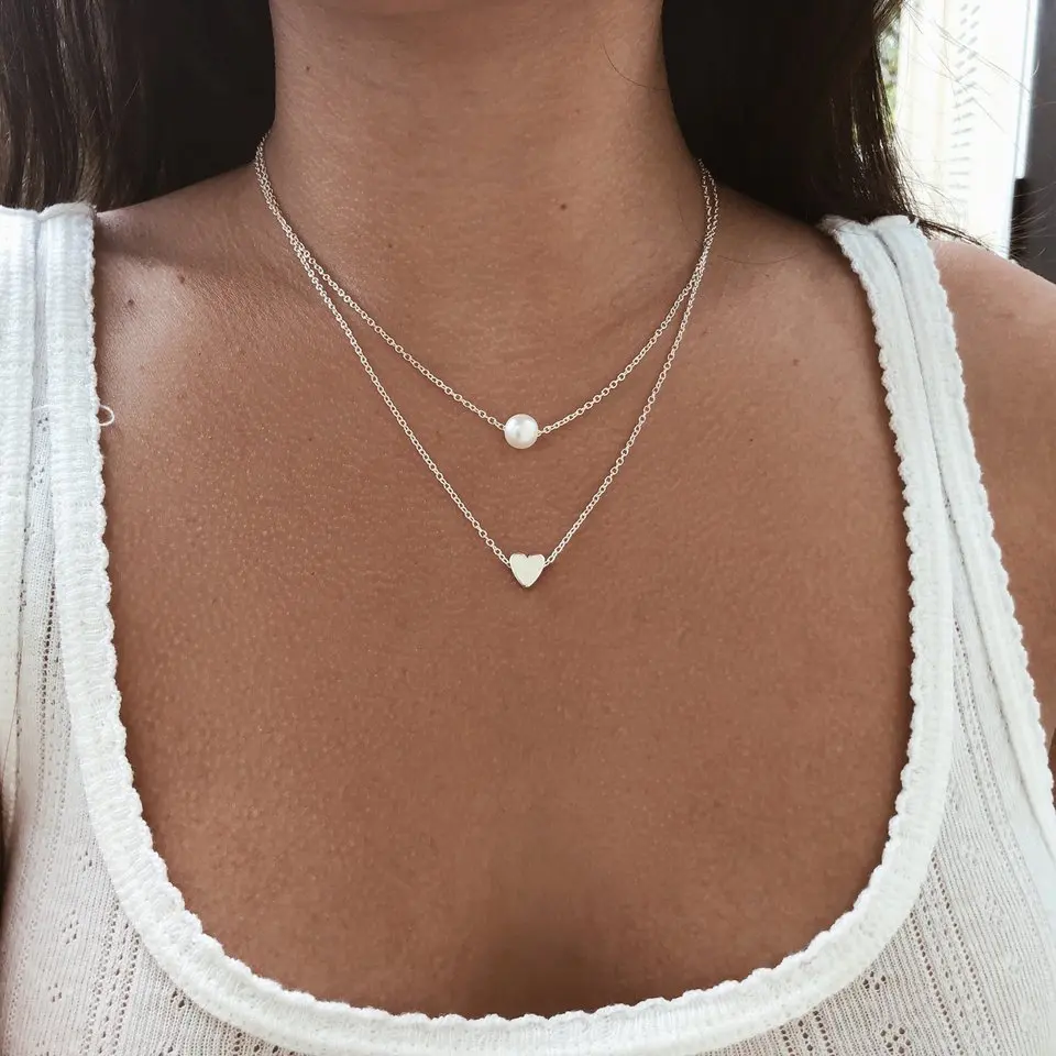 

Korean fashion pearl love double-layer integrated necklace accessories female personality wild Charm Chains Necklace Jewelry