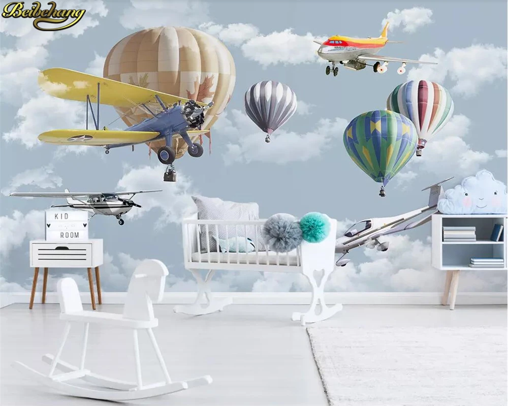 

beibehang Custom Wallpaper Nordic Simple Hand Painted Cartoon Airplane Balloon Children's Room Background Walls 3d wallpaper