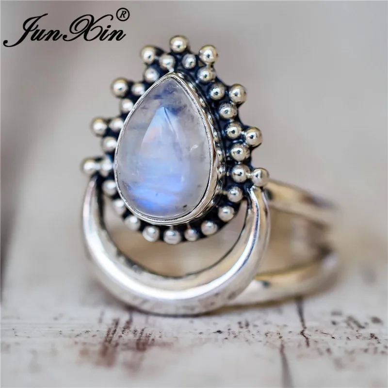 JUNXIN European Style Pear Moonstone Rings For Women Men Antique 925 Silver Filled Boho Teardrop White Opal Ring Female Wedding