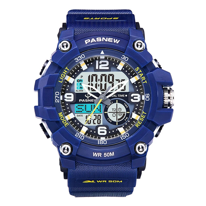 

Top Brand Luxury PASNEW Watch Mens Watches Men Sports Watches Dual Display Analog Digital Quartz Watch horloge mannen reloj blue