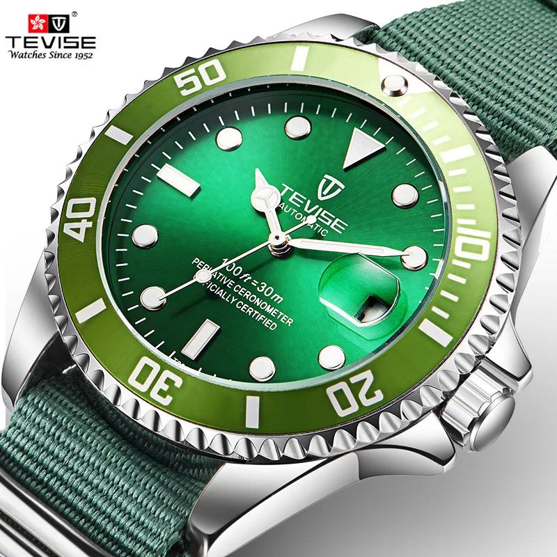

Fashion Automantic Mechanical Watch TEVISE Luxury Brand Green Dial Mens Watch Nylon Material Strap Gift Men Watches B025