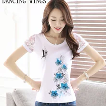 Женская футболка размера плюс, лето, кружевная футболка с цветочным принтом и коротким рукавом, повседневная женская футболка, топы