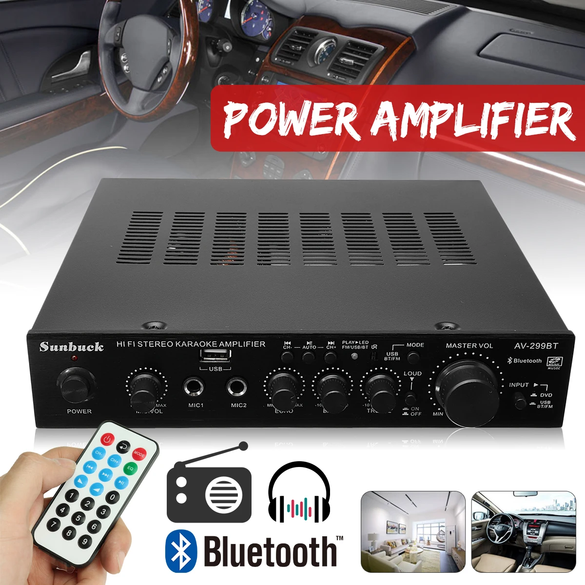 

298B Bluetooth 2.0 Channel 2000W 5 Channel Audio Power Amplifier 220V AV Amp Speaker with Remote Control Support FM USB SD Card