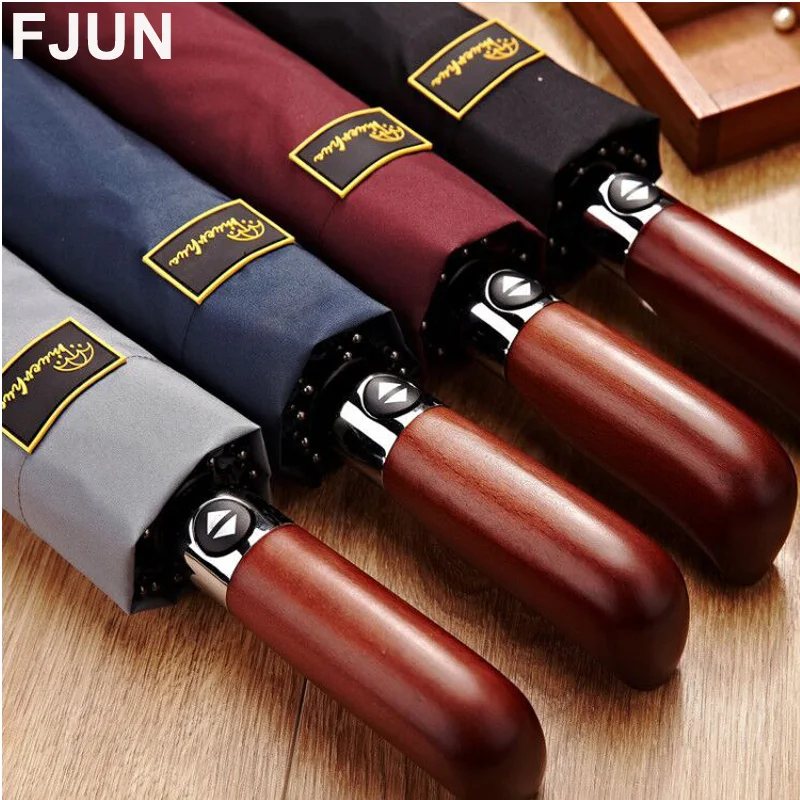 

Hot sell Wood handle windproof 3 folding umbrella man full automatic sun protection business paraguas rain women male parasol