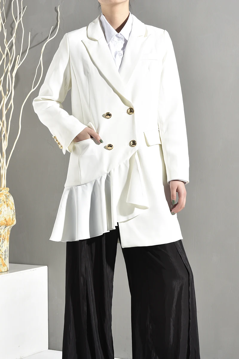 [EAM] Новинка, весенне-осенняя куртка с отворотом, длинным рукавом, оборками, неровным разрезом, свободная, длинная, Темпераментная Женская куртка, модное пальто WF5670
