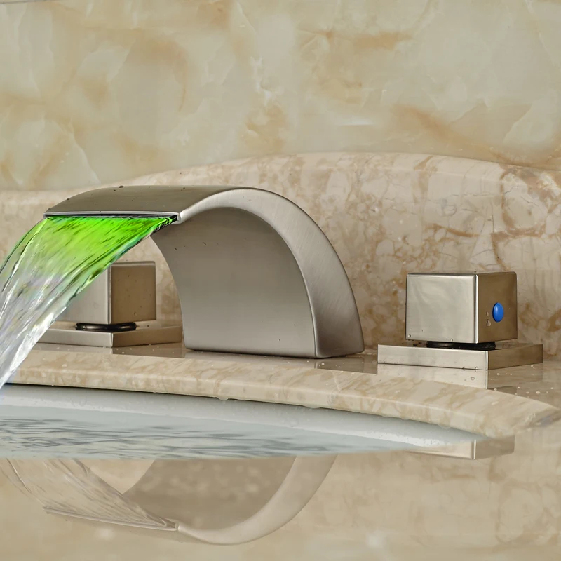 LED 3 Color Changing Waterfall Basin Faucet Tap Deck Mount Widespread Tub Sink Mixer Taps