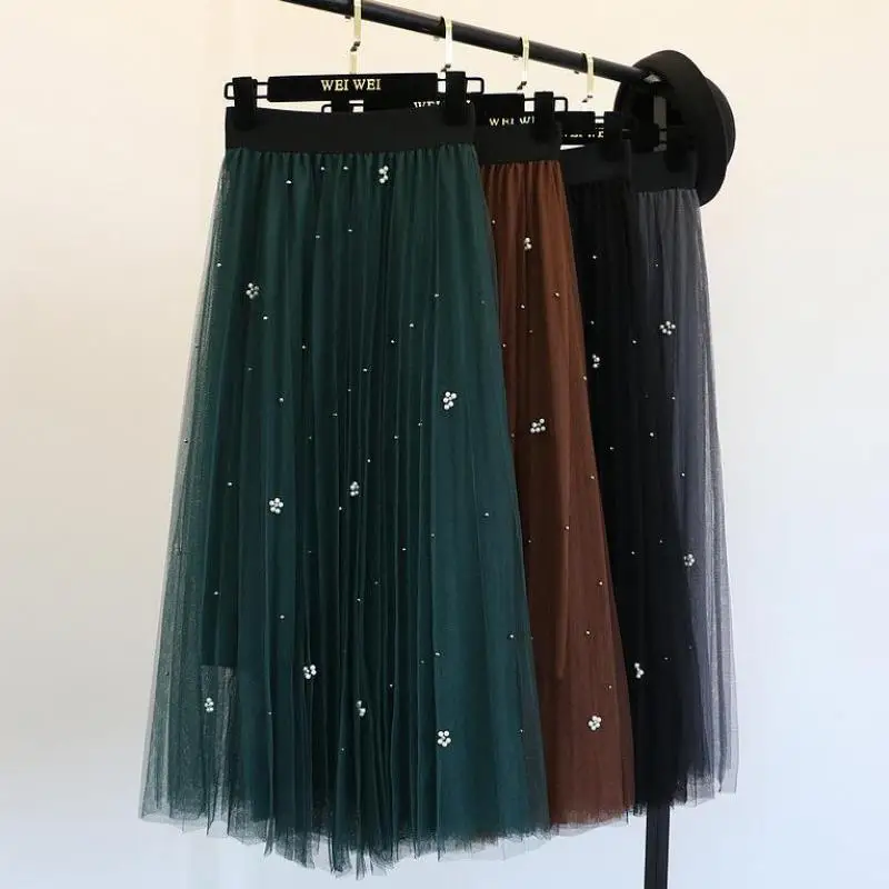 Юбка с покрытием, длинная юбка с жемчугом и эластичной резинкой на талии, длинная юбка