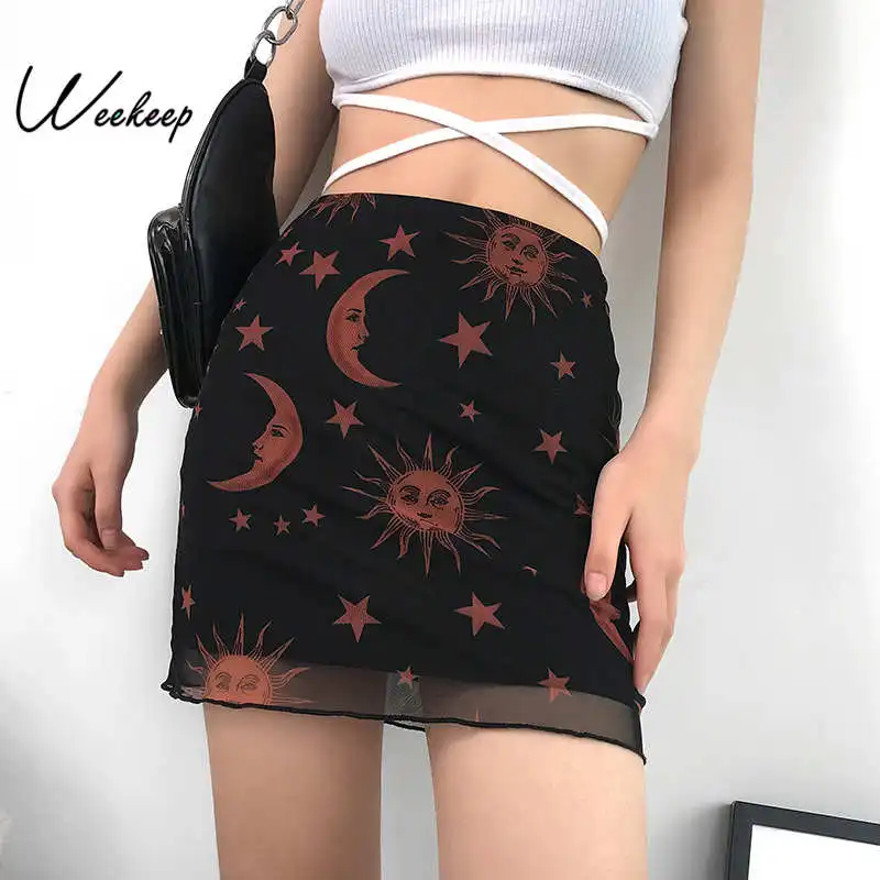 

Weekeep Women Black Printed High Waist Skirt Summer Sexy Mesh Mini Skirt
