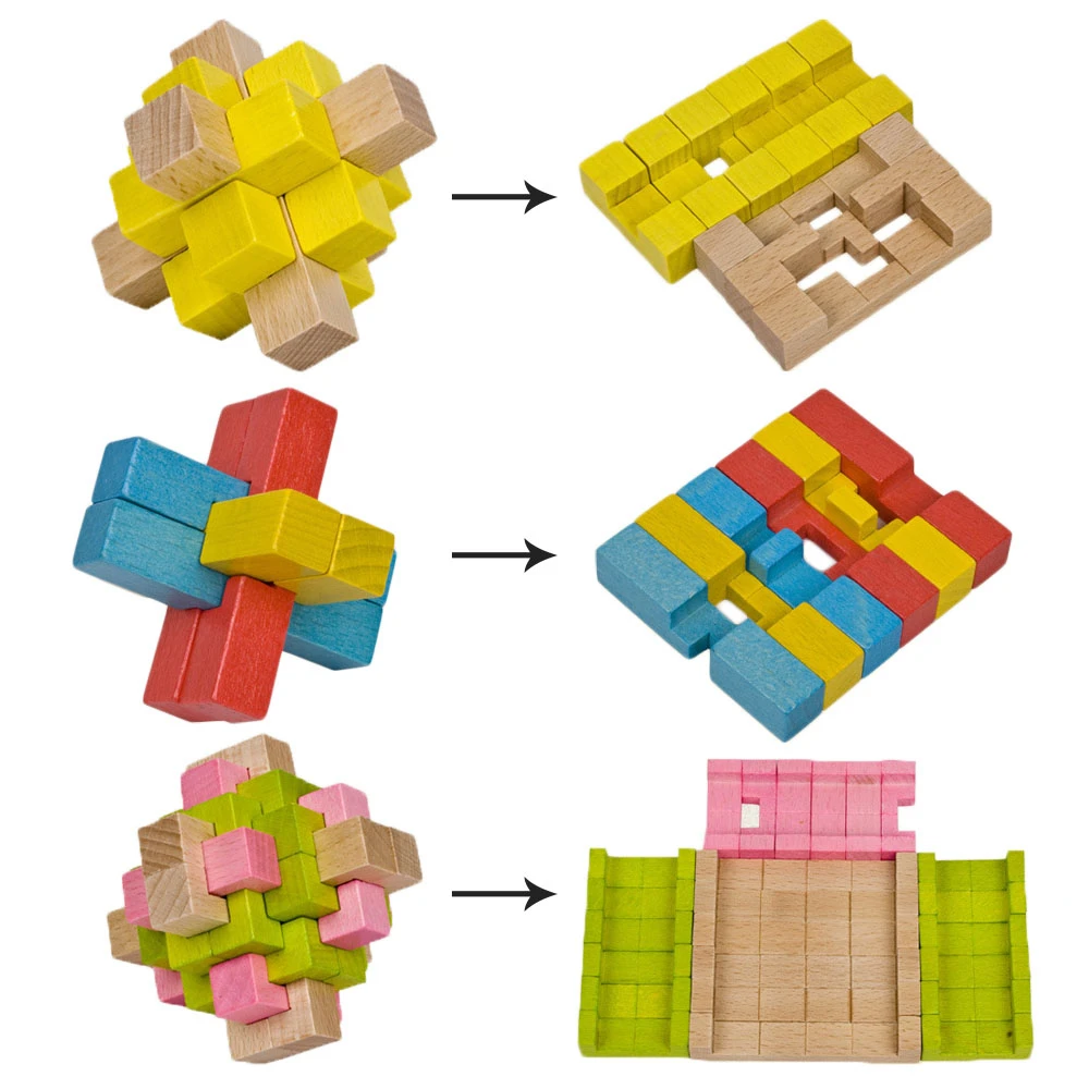 China Classic 3D Wooden Puzzle Lock Toys Cube Game Kong Ming Lock Design IQ Brain Teaser Educational Toys For Children Adults