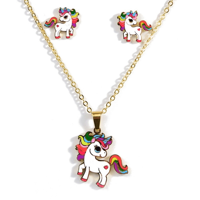 Cute Pink Horse Unicorn Design Enamel Stainless Steel Gold Color Necklaces earring Set Fashion Jewelry Kids Gift