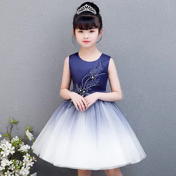 

Cute Children Celebration Clothing Kids Party Evening Princess Sundress Navy Blue Flower Little Girls Dress Up Wedding Events
