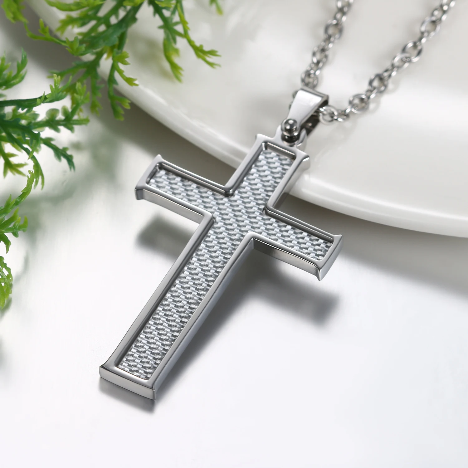 BONISKISS Carbon Fiber Stainless Steel Men's Cross Necklace 21.5 Inch