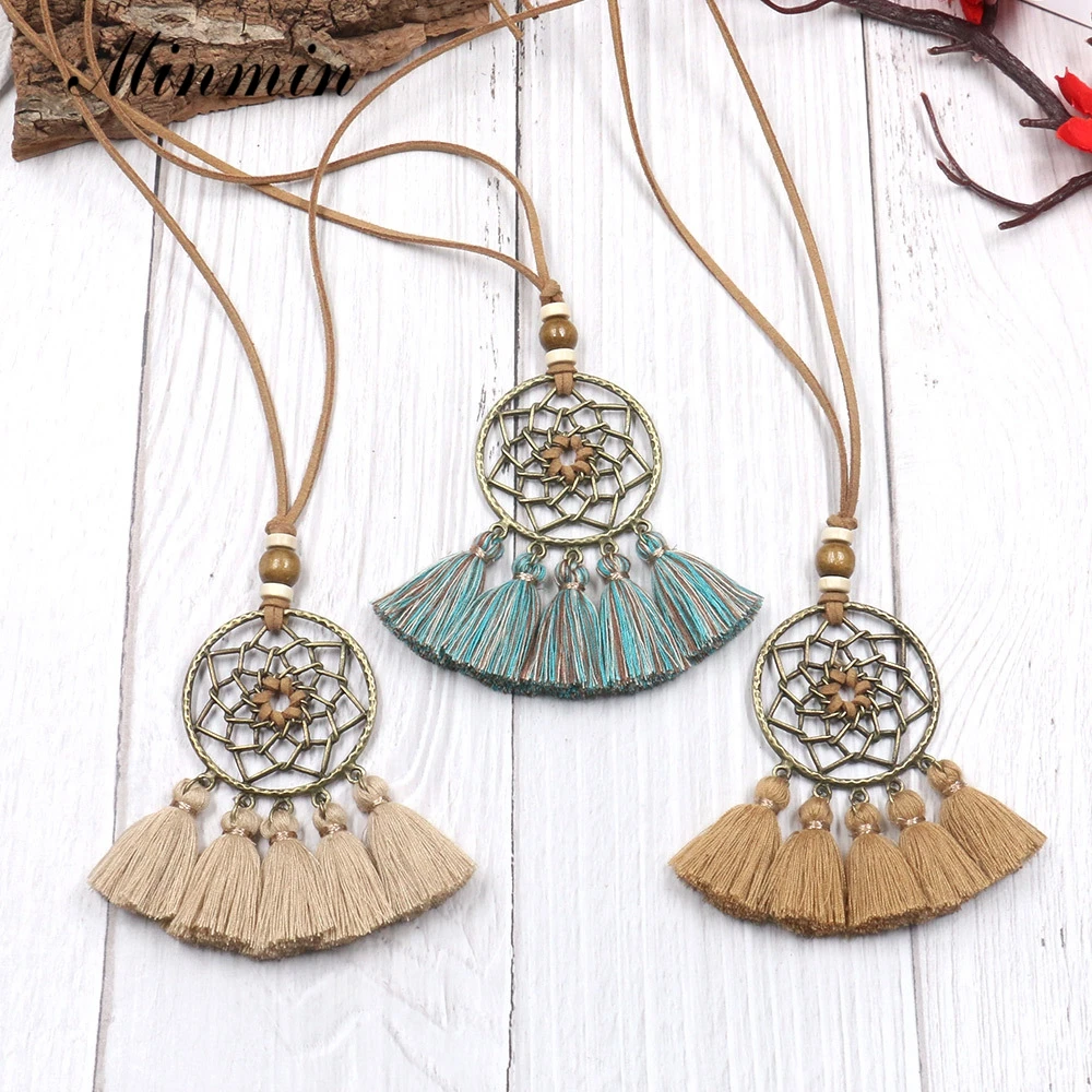 Minmin Indian Ethnic Big Dreamcatcher Pendant Long Leather Rope Necklaces Women Bohemian Tassel Fashion Jewelry MXL159 | Украшения и