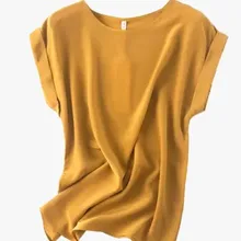 Европейская станция, шелк тутового цвета, желтый имбирь, жёлтый цвет, круглый вырез, рукав на плечо, шелковая футболка
