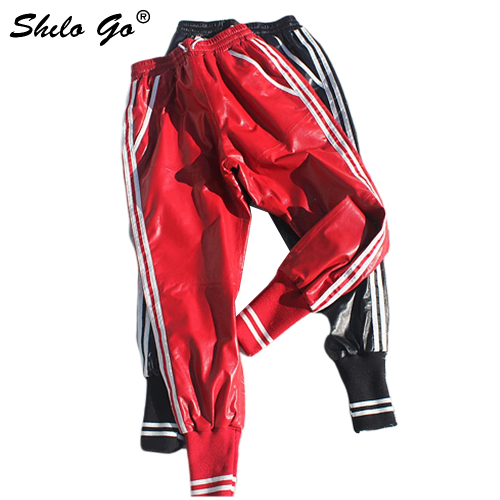 SHILO GAAN Leren Broek Womens Lente Mode schapenvacht lederen broek tie stretch hoge taille Casual kleuren side lijn SHILO GAAN Leren Broek Womens Lente Mode schapenvacht lederen broek tie stretch hoge taille Casual kleuren side lijn