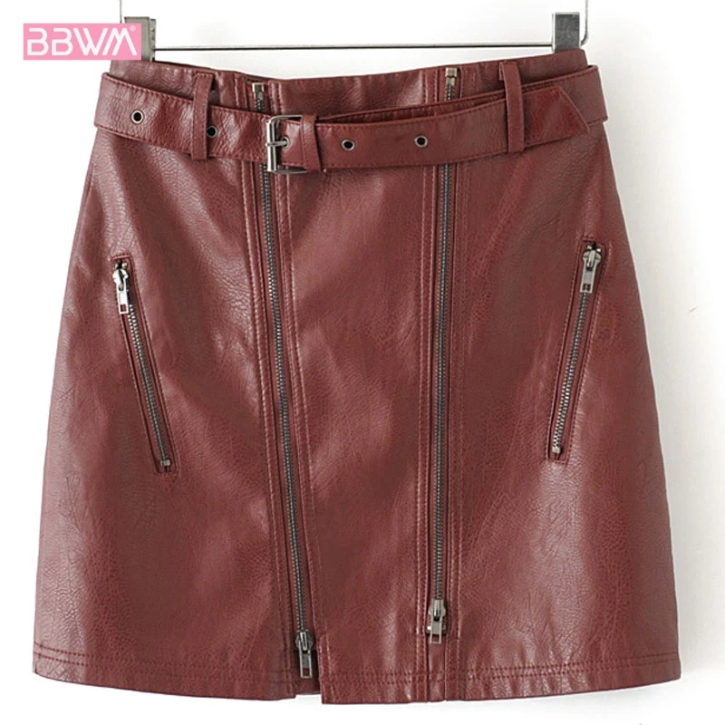 

PU Double Zipper Black with Belt Korean High Waist Wild Women's Skirt 2019 New Autumn Thin Wild High Waist A Word Female Skirt