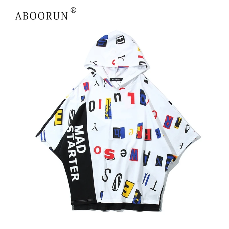 

ABOORUN 2019 Mens Loose T-Shirt Hip Hop Printed Letters T Shirts Short Sleeve Fashion Patchwork Hooded Tees for Male R22