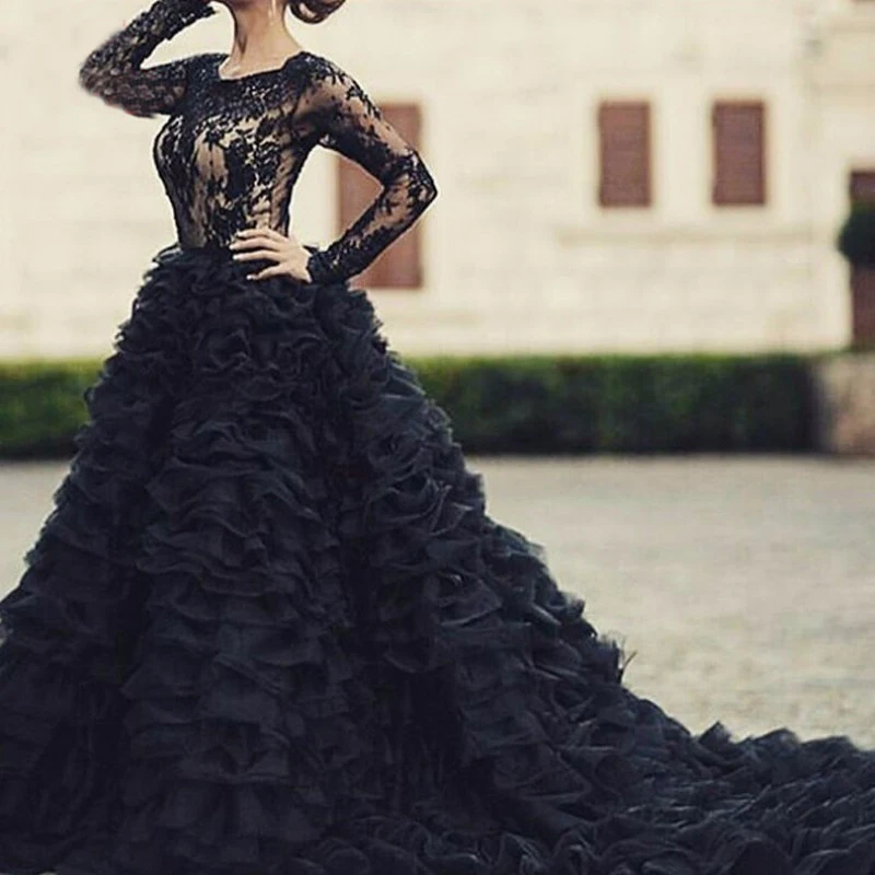 2019 Long Sleeves Gothic Black Lace Wedding Dresses Long Sleeves