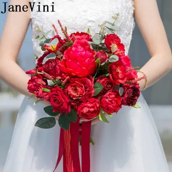 

JaneVini Dark Red Flowers For Bride Vintage Peony Silk Groom Flower Bridal Bouquet Artificial Wedding Decor Brooch Bouquet 2018